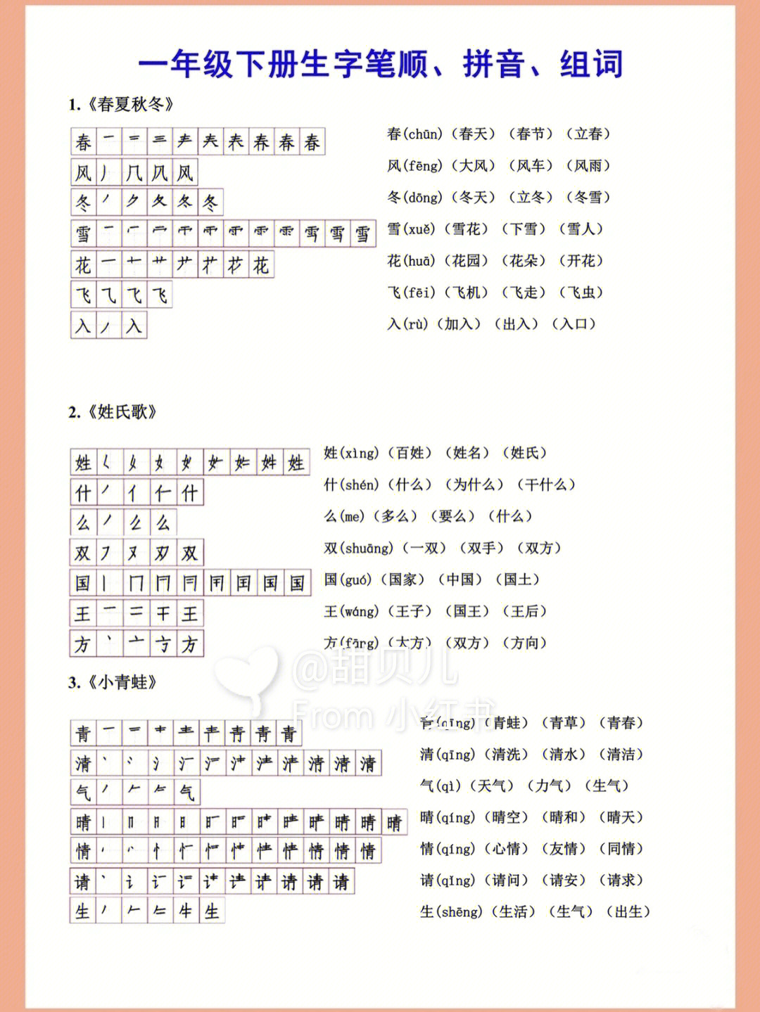 一年级下册生字笔顺拼音组词