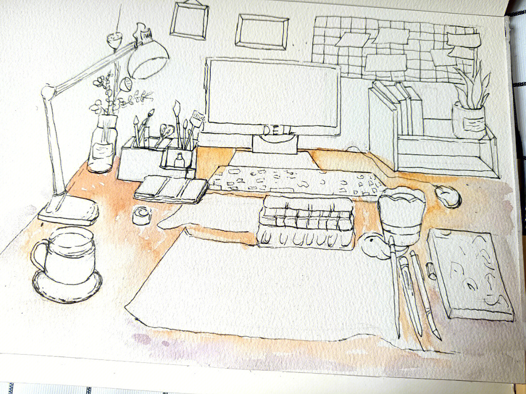 钢笔淡彩绘画参考素材桌面一角