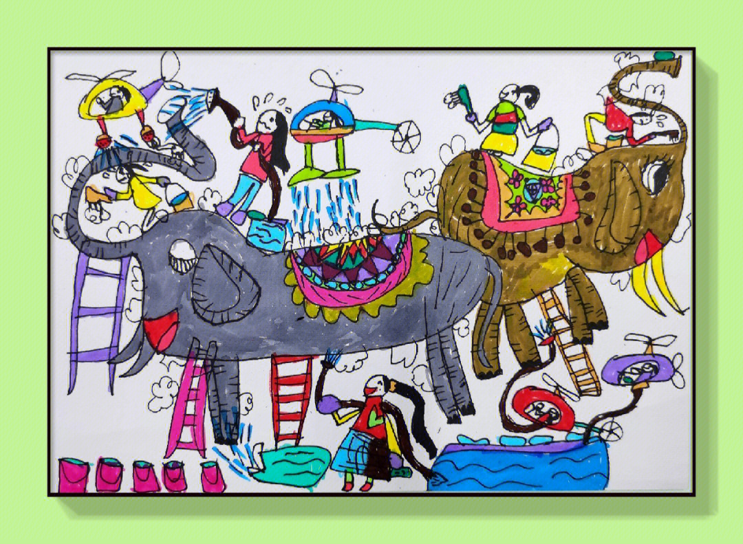 5岁创意儿童画给大象洗澡