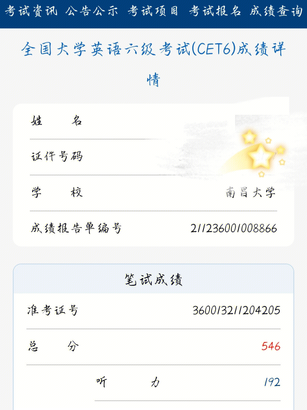 cet6成绩图片