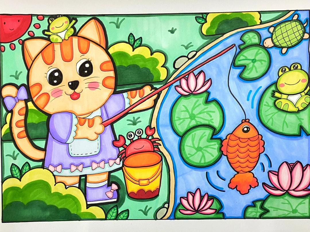 小猫钓鱼绘画作品图片图片