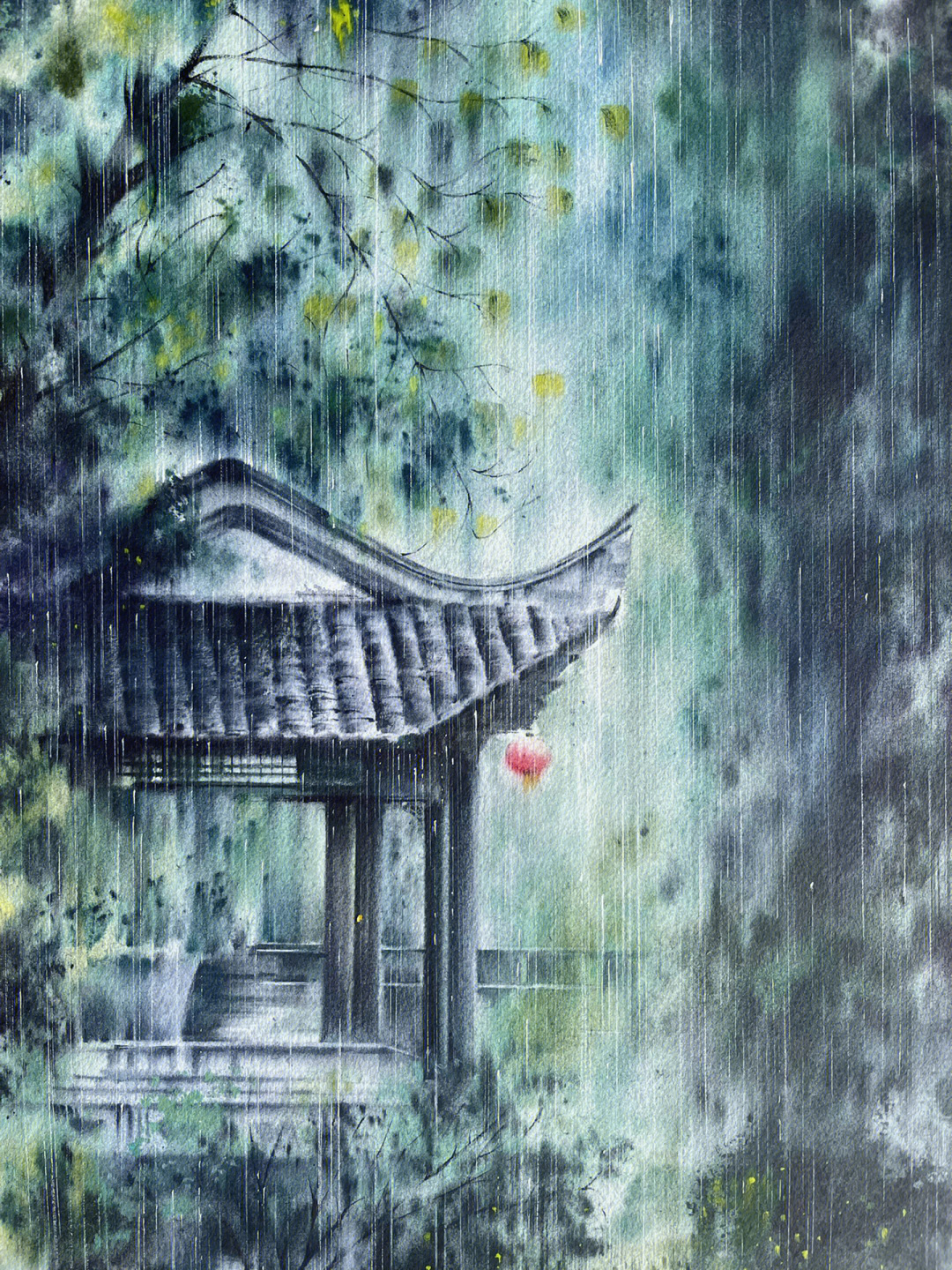 下雨天水彩画图片