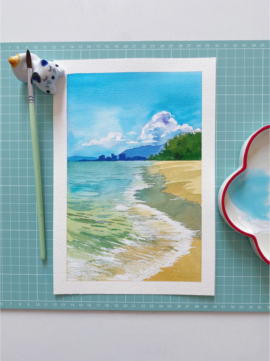 水彩风景画简单海边图片