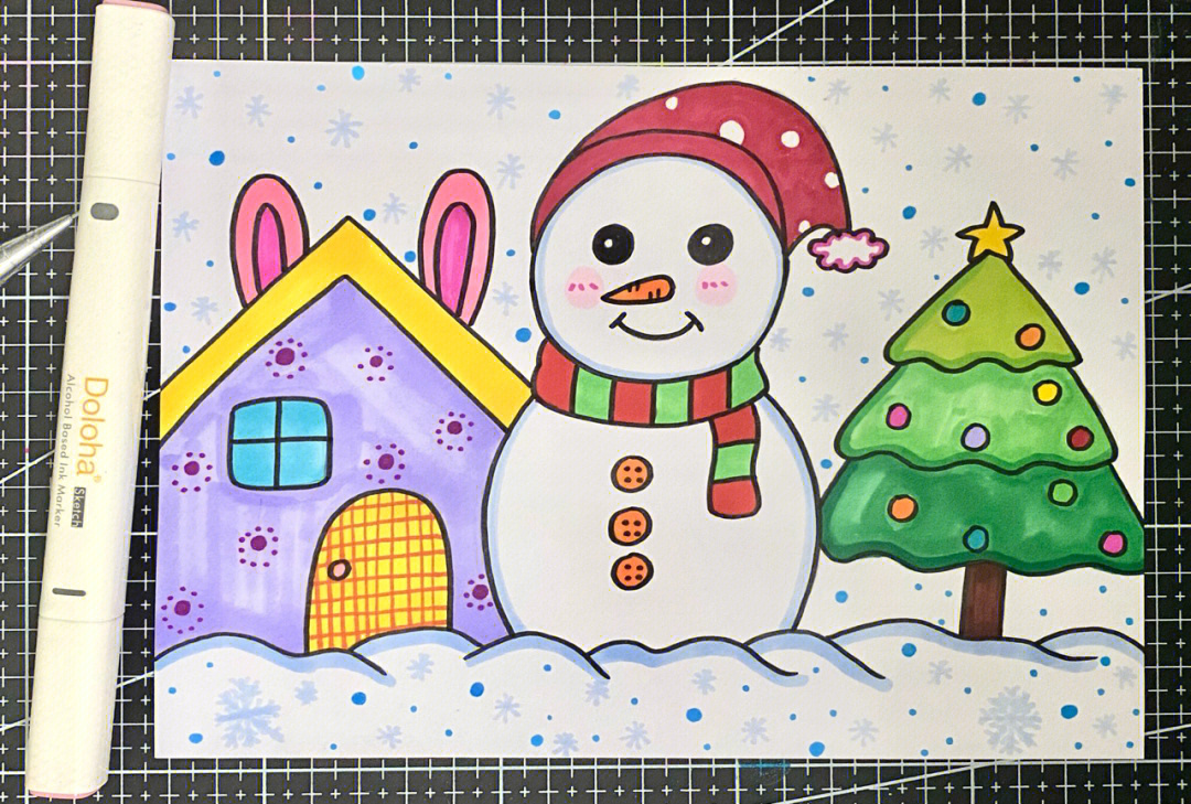 冬季雪人儿童画房子圣诞树卡通画