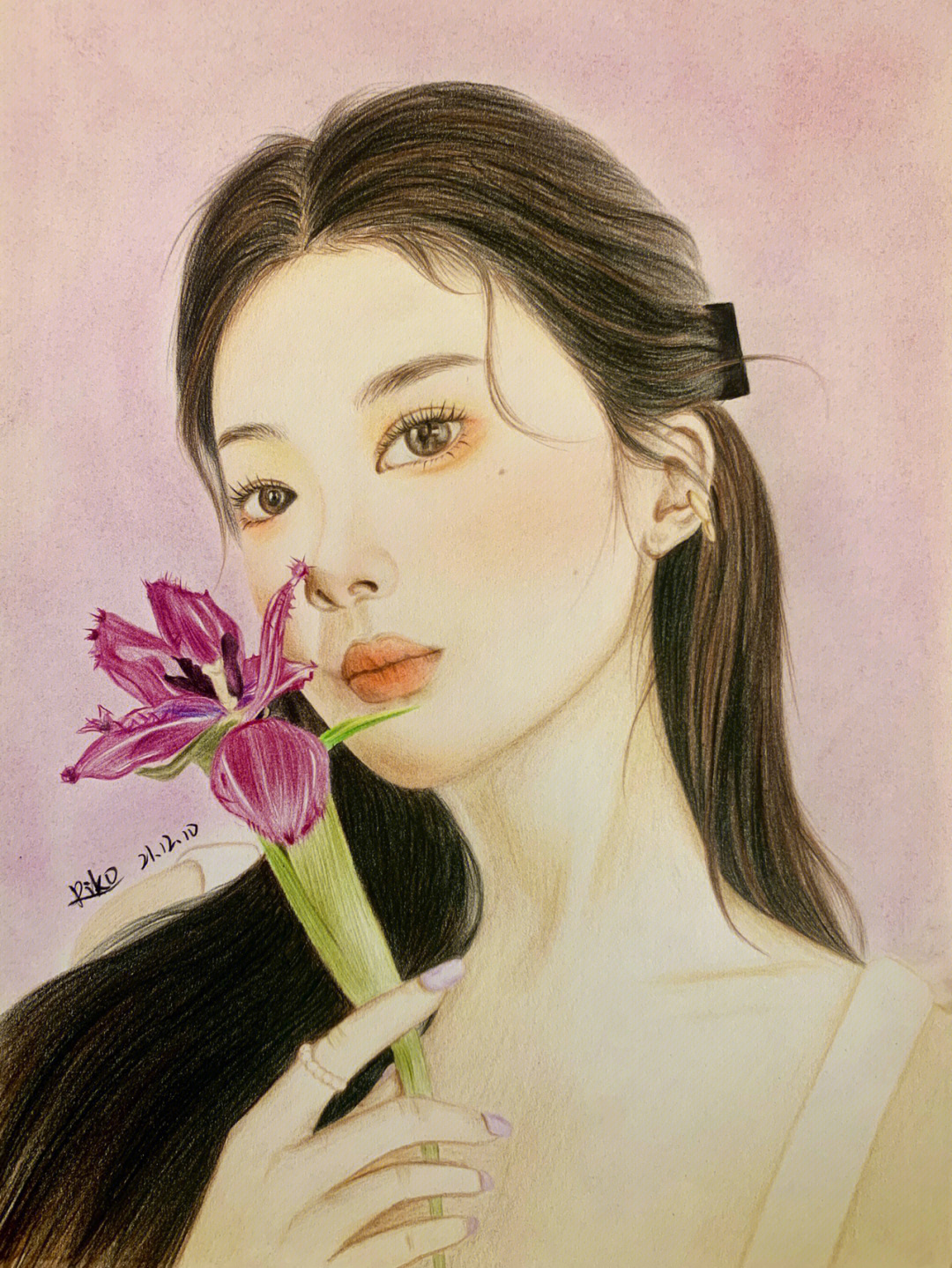 鲜花系列美人图彩铅画