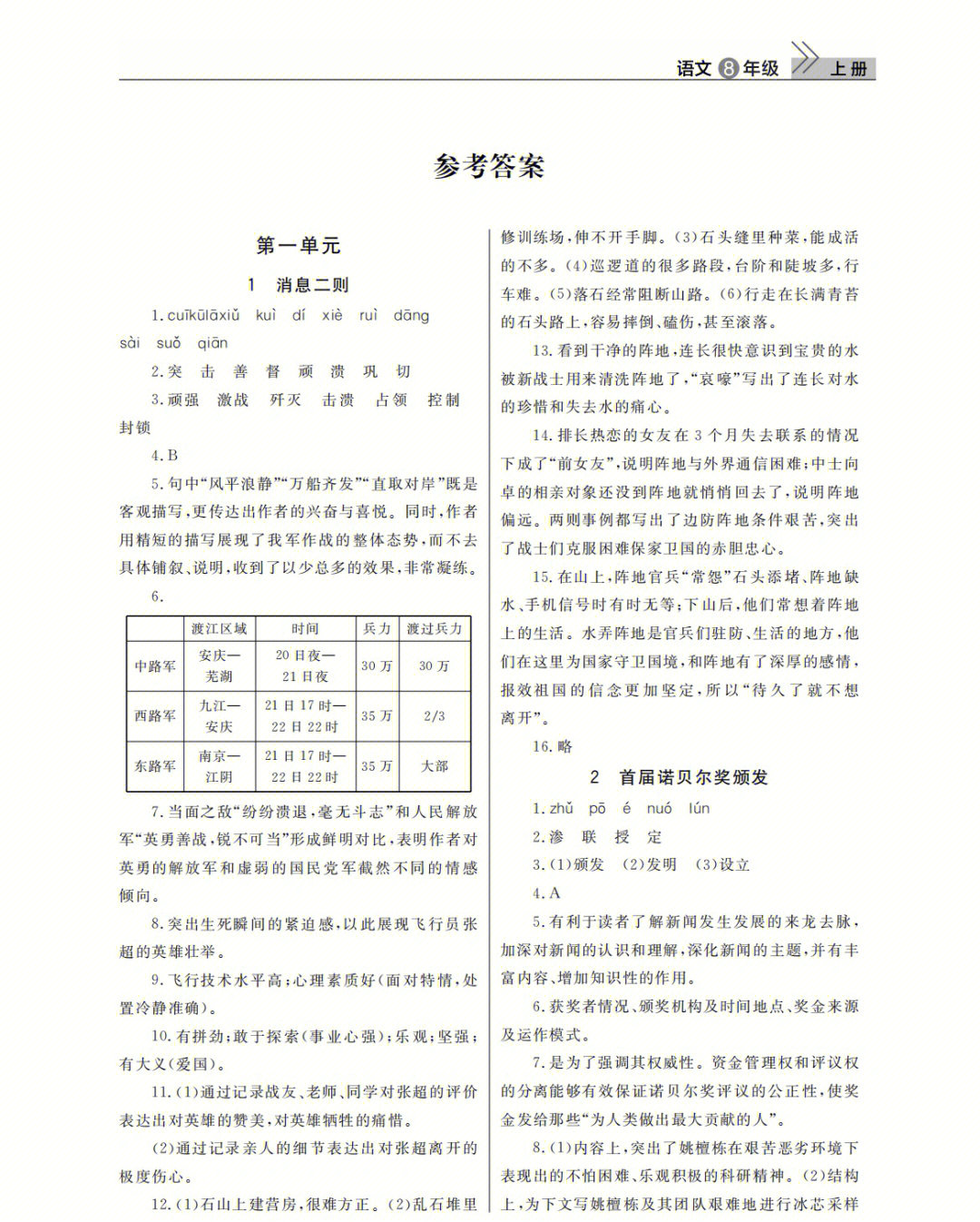 八年级上册语文课堂作业答案