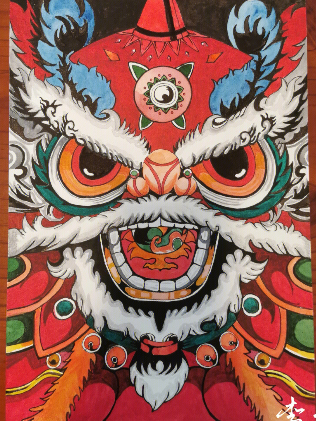 时间画了一张醒狮图,材料:水彩,八开水彩纸最近特别喜欢中国潮的画