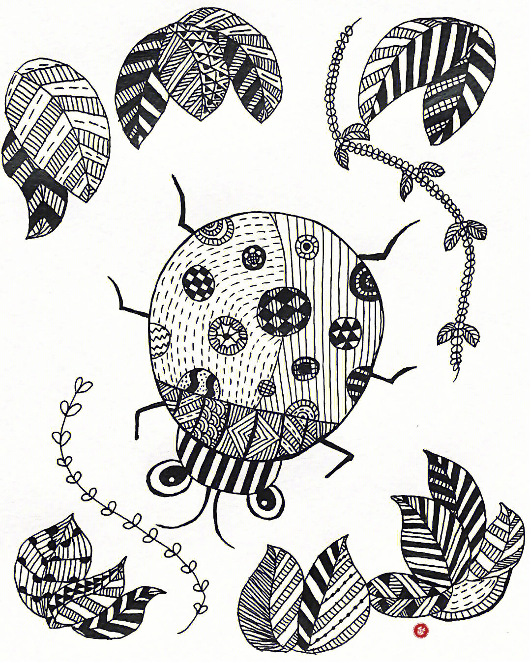 儿童线描画瓢虫