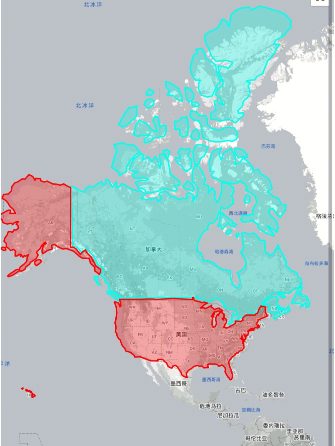 从地图90上看加拿大9896比美国9694大很多这主要是由于投影