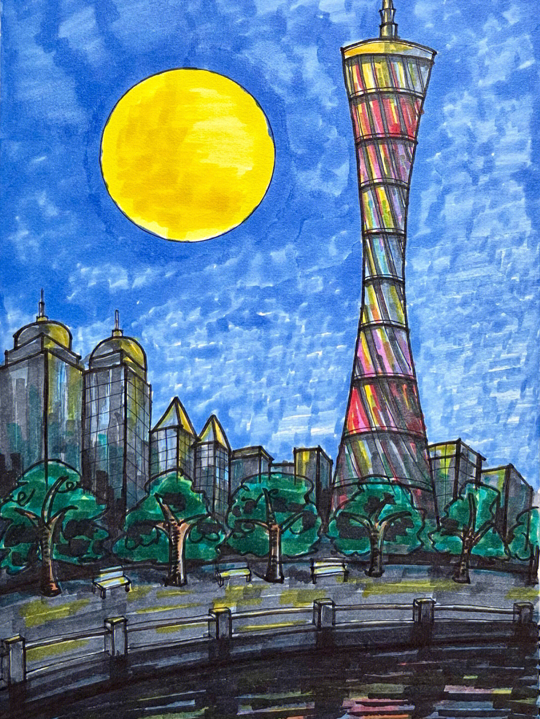 儿童绘画教程广州塔的月亮马克笔手绘