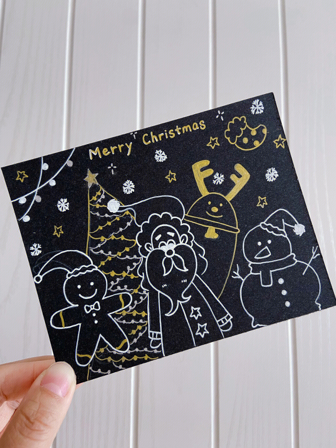 高光笔黑卡纸手绘ins风圣诞卡片附过程