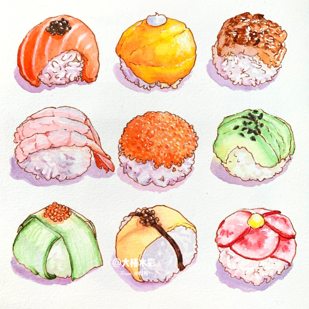水彩美食可爱的波波球寿司手绘附线稿