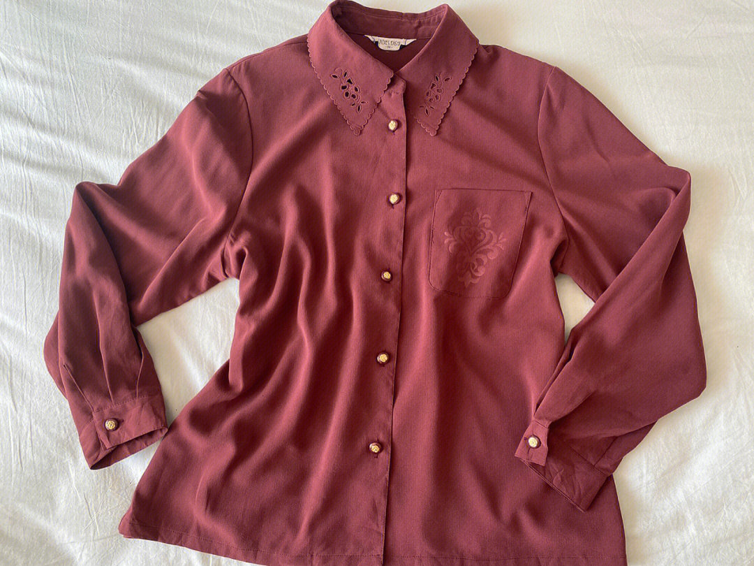 日本制中古古着锈红色镂空领vintage衬衫