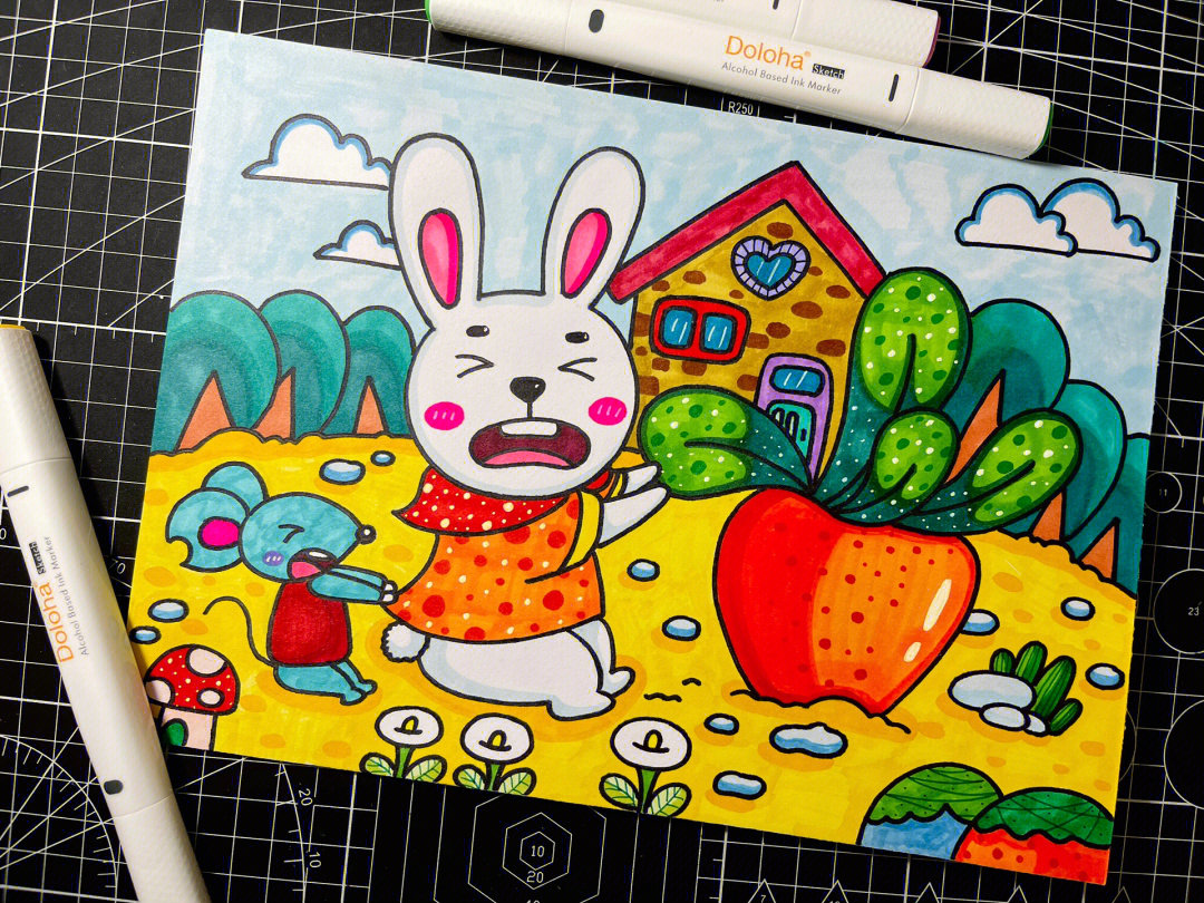马克笔儿童画丨小兔子拔萝卜09