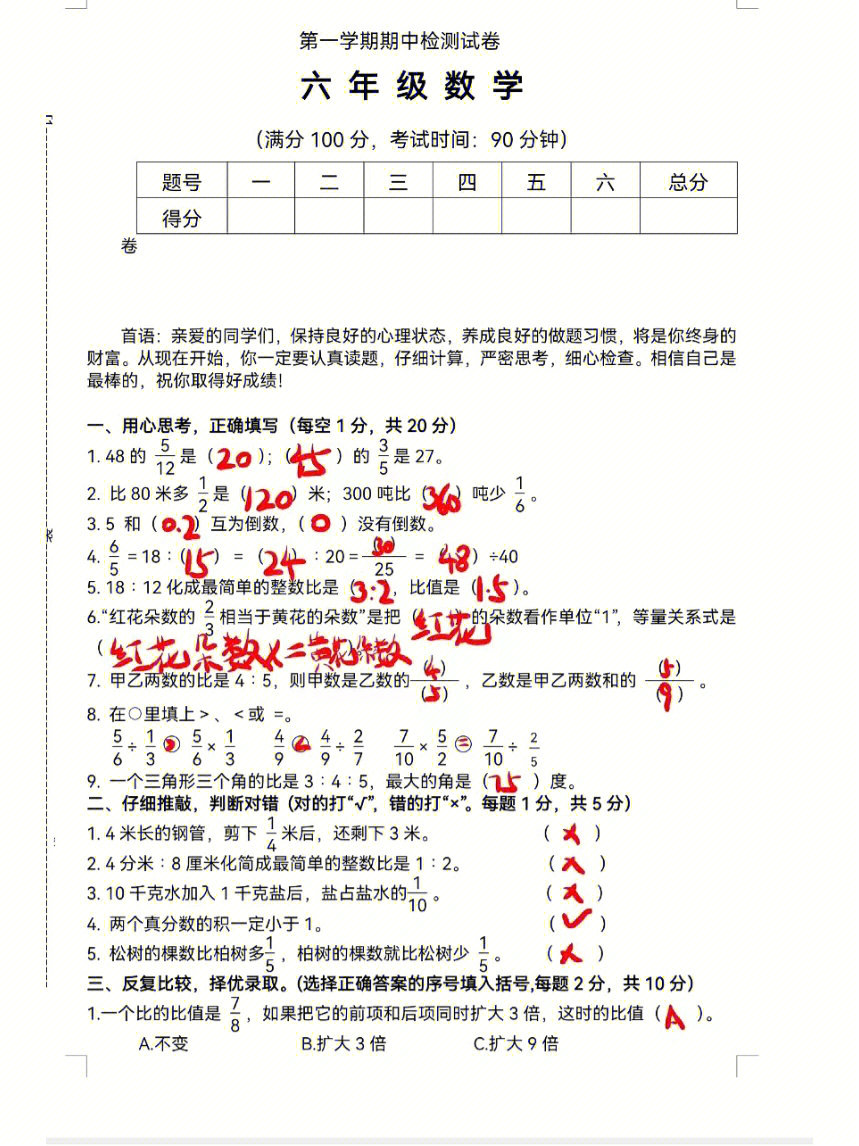 六年级上册数学期中测试卷