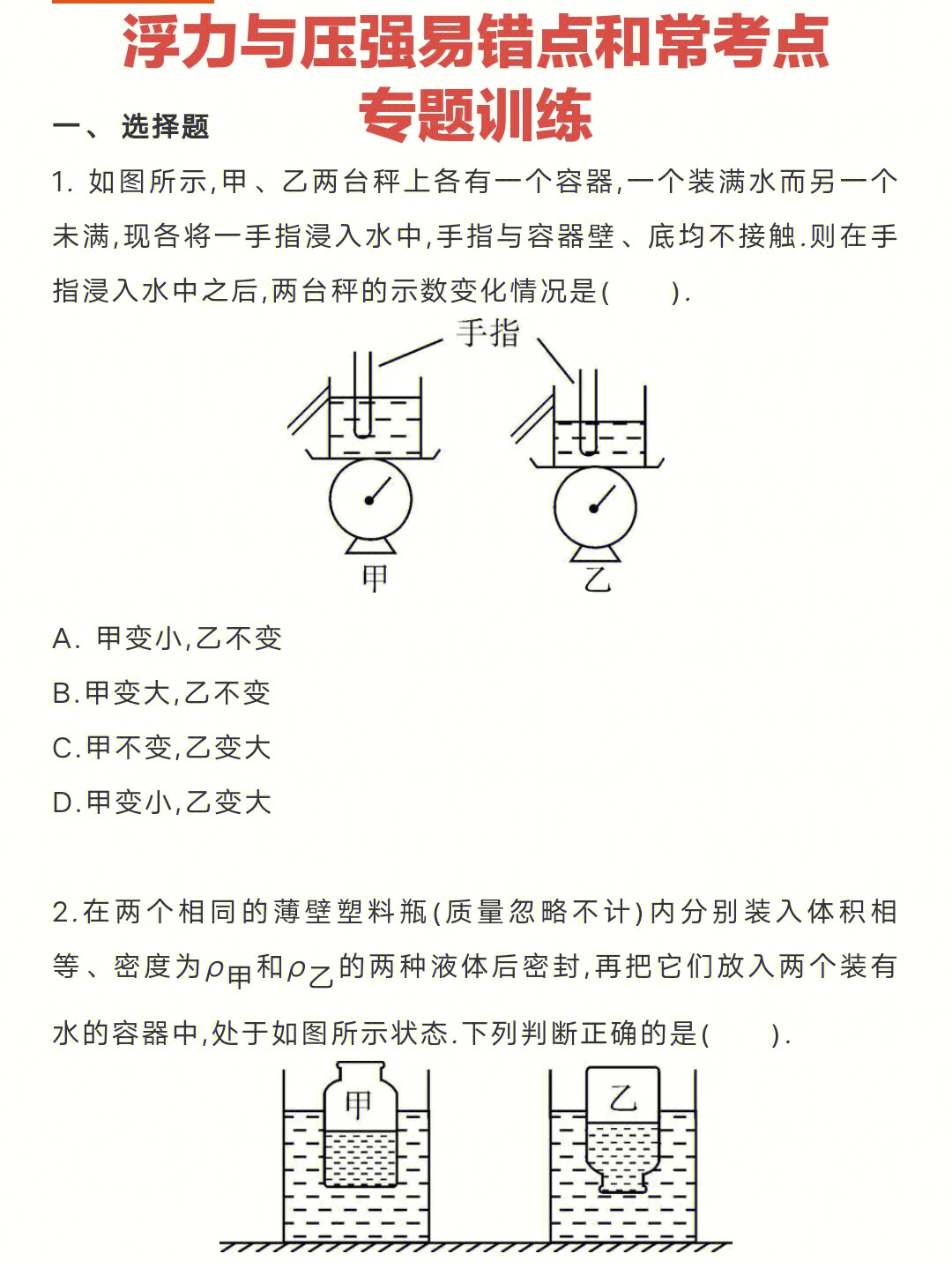 浮力与压强易错点和常考点专题训练