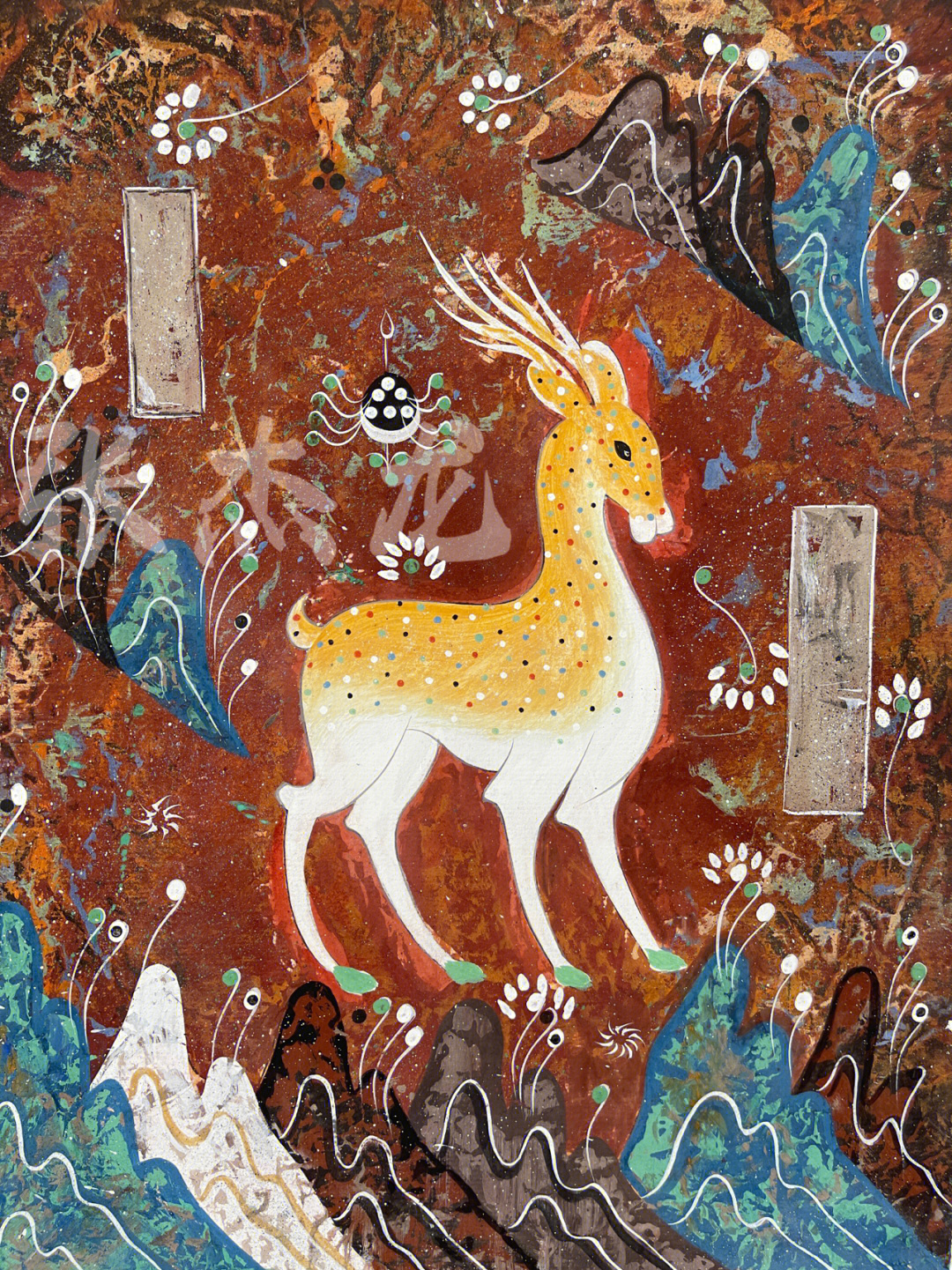材料:岩彩 手工宣 50×45敦煌壁画九色鹿象征着温润善良,诚实守信