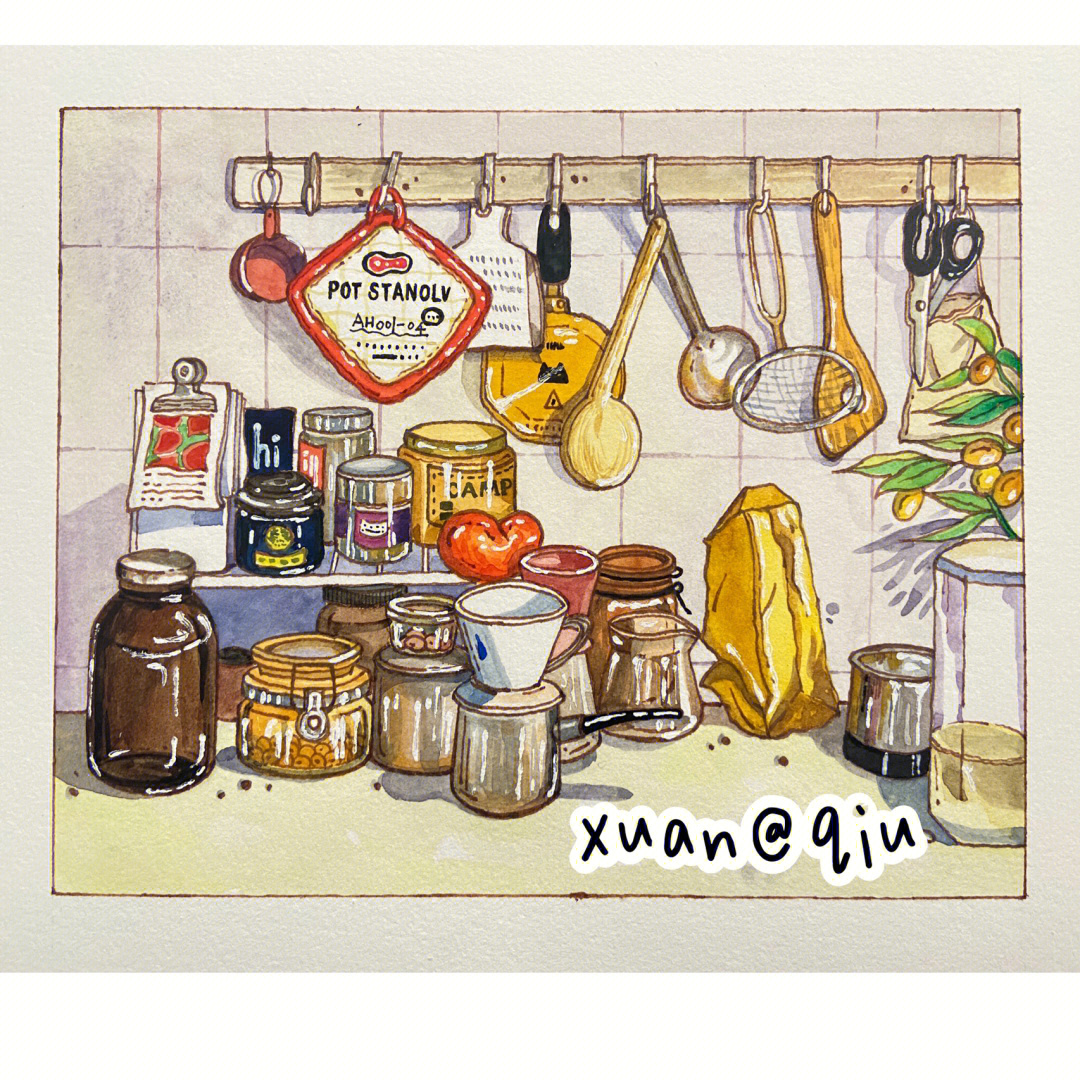 水彩画可可爱爱的小厨房有过程