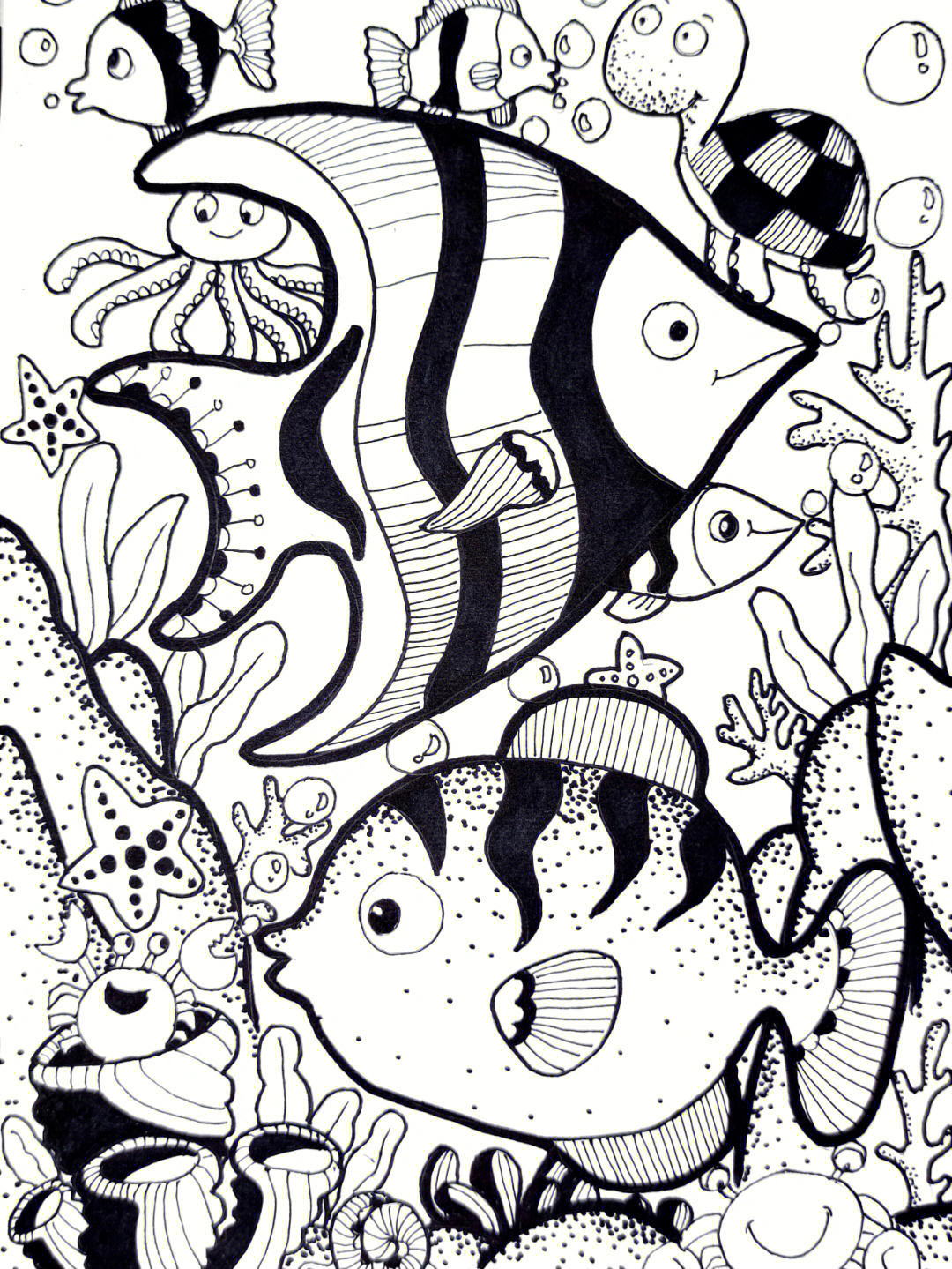 速写三级《海底世界》点线面 黑白装饰画