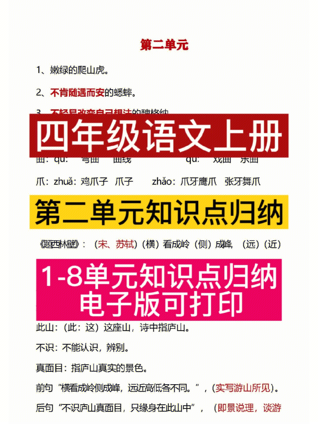 四年级语文上册第二单元知识点归纳总结