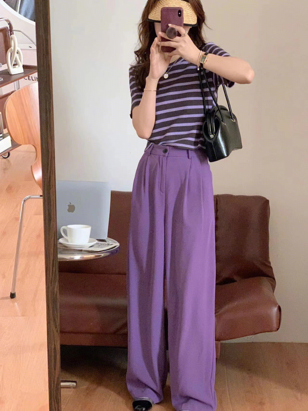 紫色条纹精梳棉上衣搭配紫色西装裤超级无敌好看!