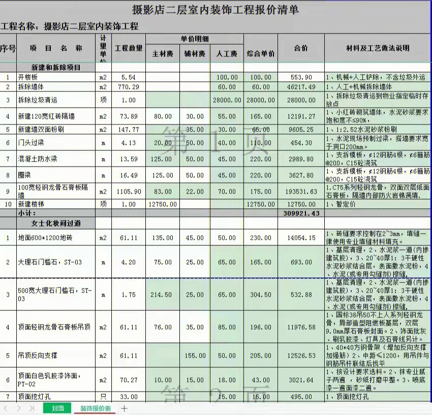 水泥雕塑预算报表图片