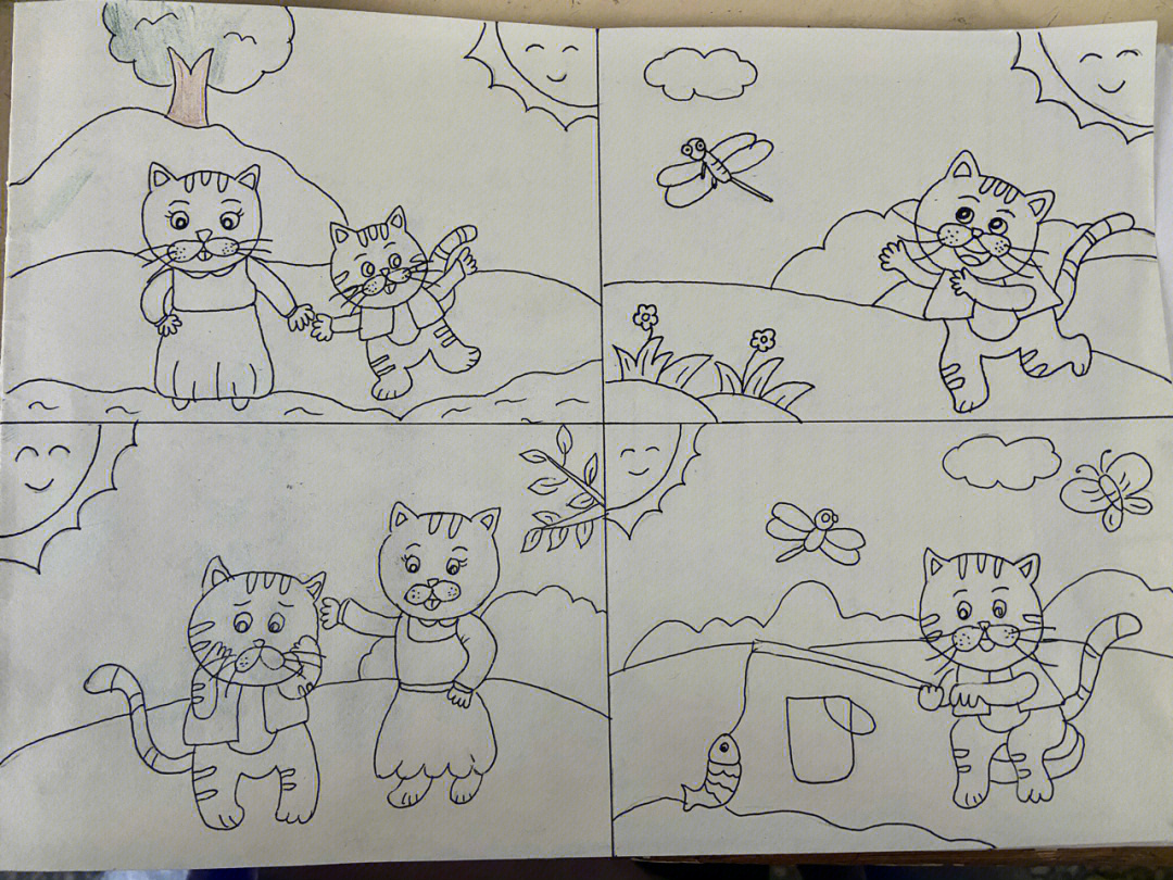 小猫钓鱼的故事简笔画图片