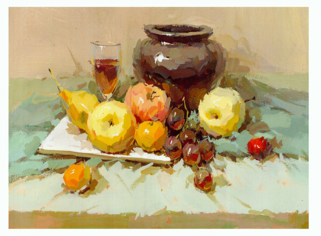 水粉陶罐和水果的结合图片
