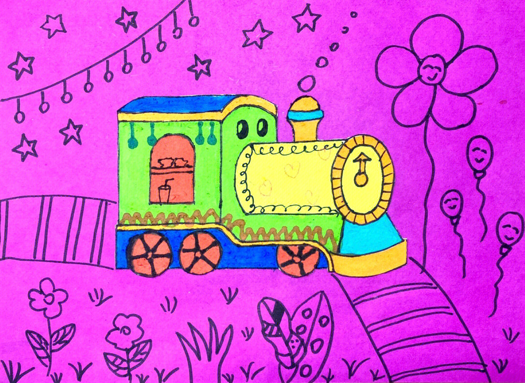 创意儿童画少女美术火车