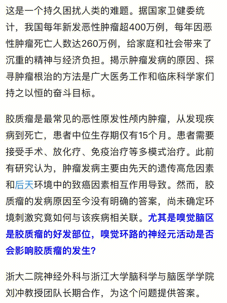 浙大二院发现嗅觉神经环路与脑胶质瘤的关系