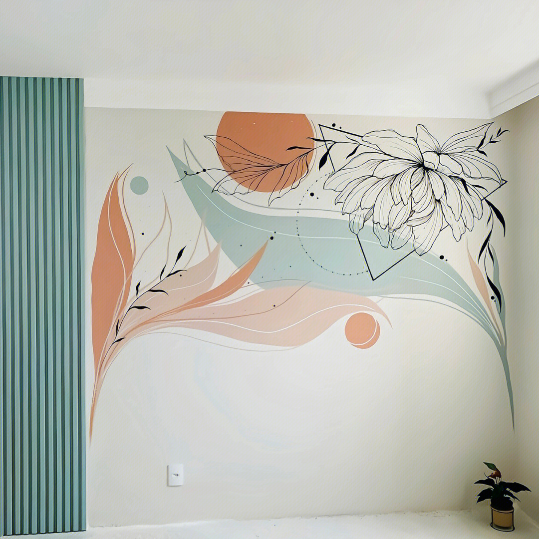 民宿ins风卧室手绘壁画,简约大气的背景墙,华瀚墙绘分享专业,让你的