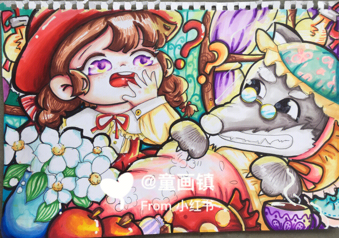 到奶奶和小红帽被狼吃的一个场景画#学前教育专业#儿童画#马克笔