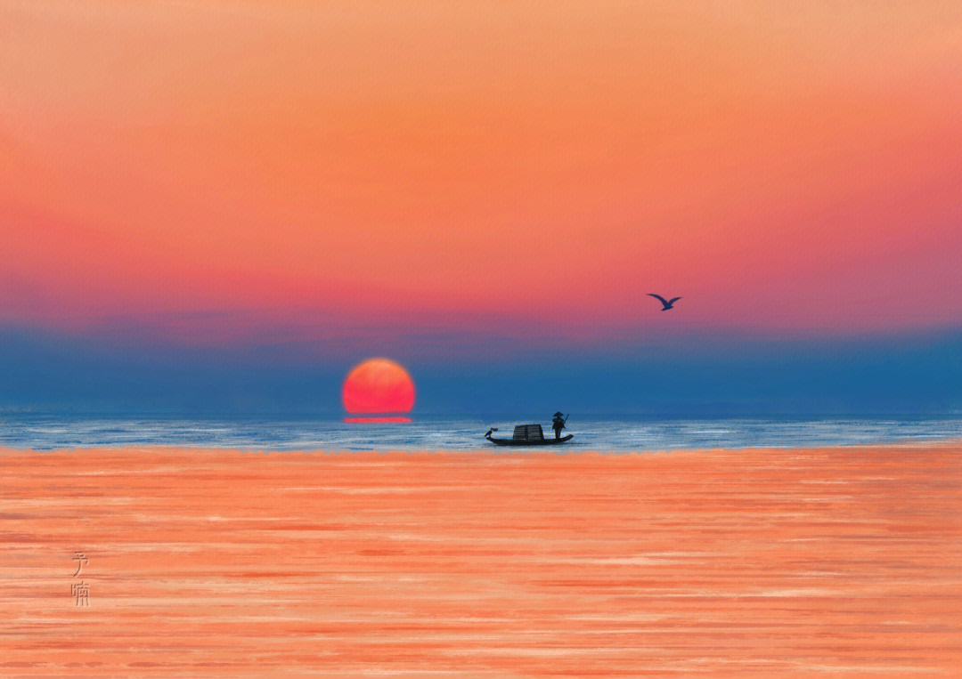 日出水彩海上日出图片