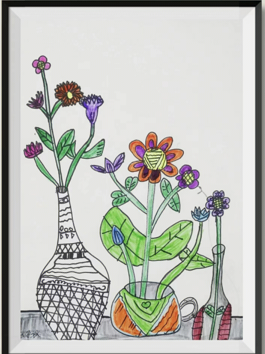 分享一组适合大班/一二年级的线描画74【花瓶里的鲜花】94都是小