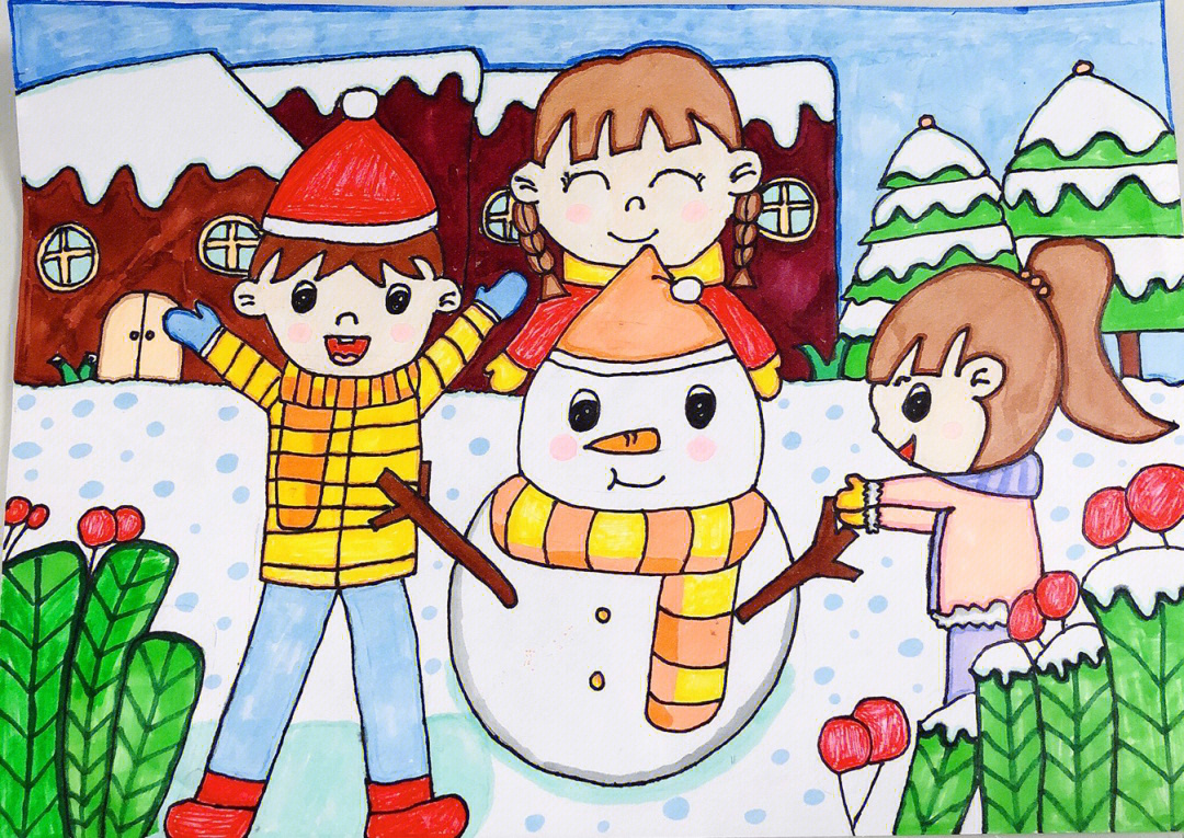 冬天主题画堆雪人