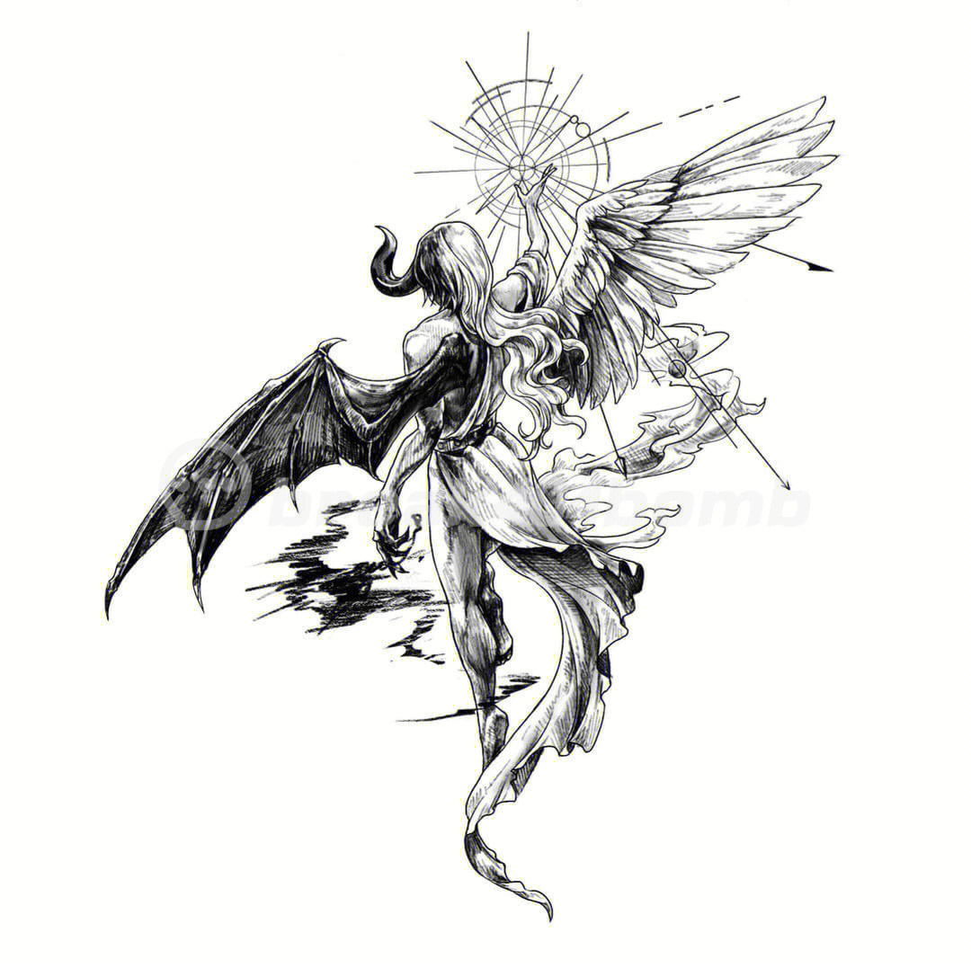 精品单针纹身手稿吉祥寓意天使之翼