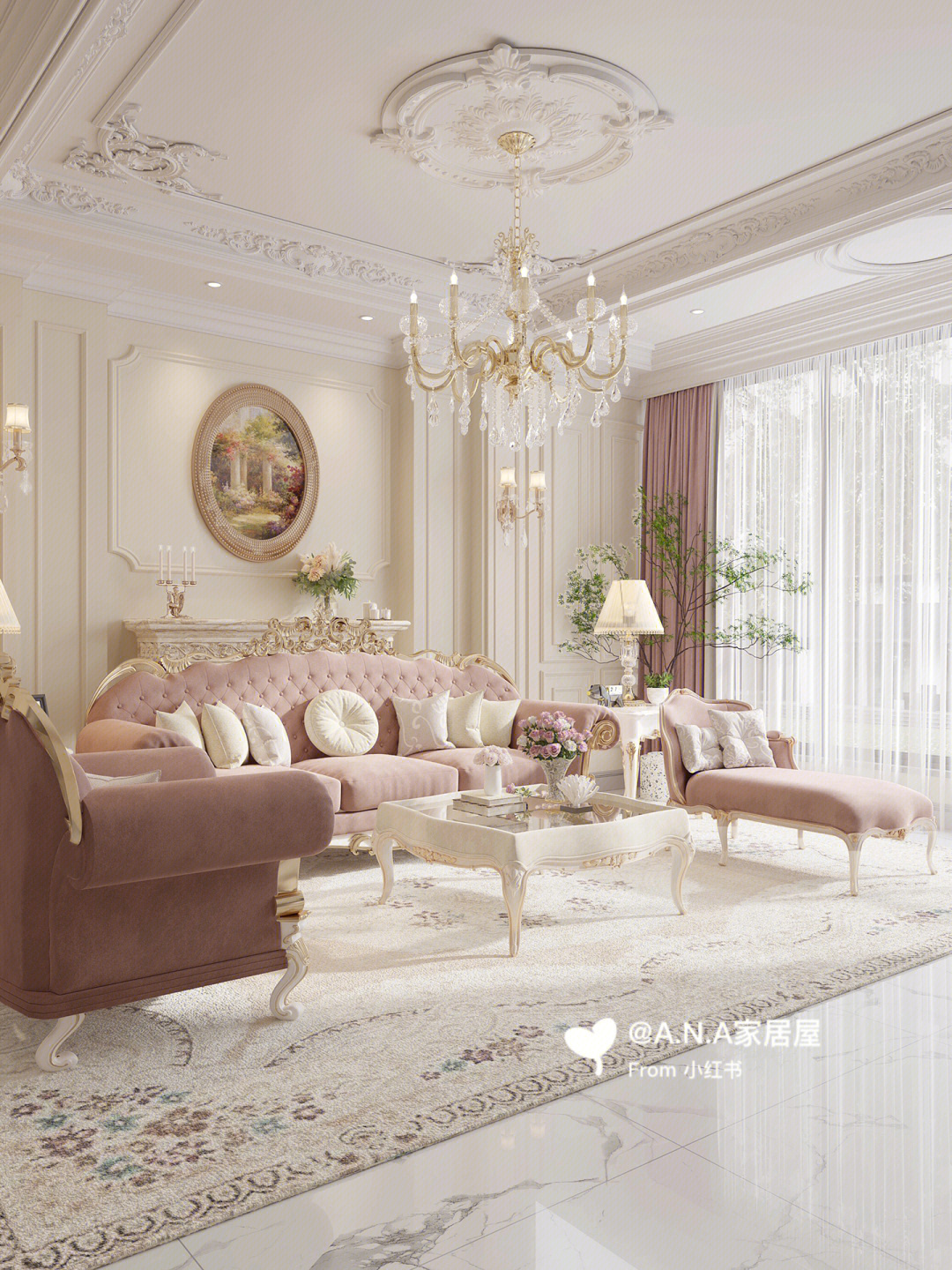 眼就被这个客厅吸引住啦法式宫廷风 仿佛住在了宫殿里～法式沙发组合