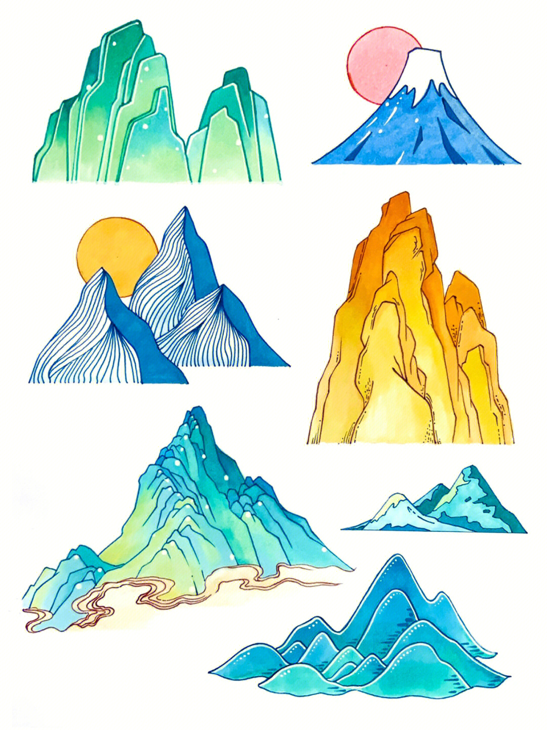 画一组山川小素材,尝试了不同技法,国风的山皆用了晕染融色,日本富士