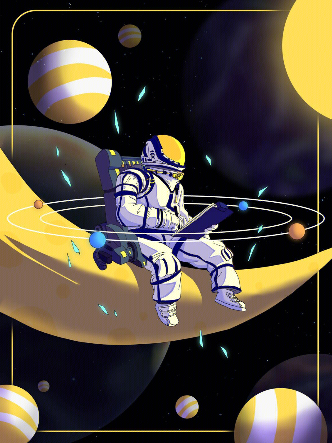 插画04卡通太空星球宇航员04宇宙太空人星球宇航员剪纸风插画海报