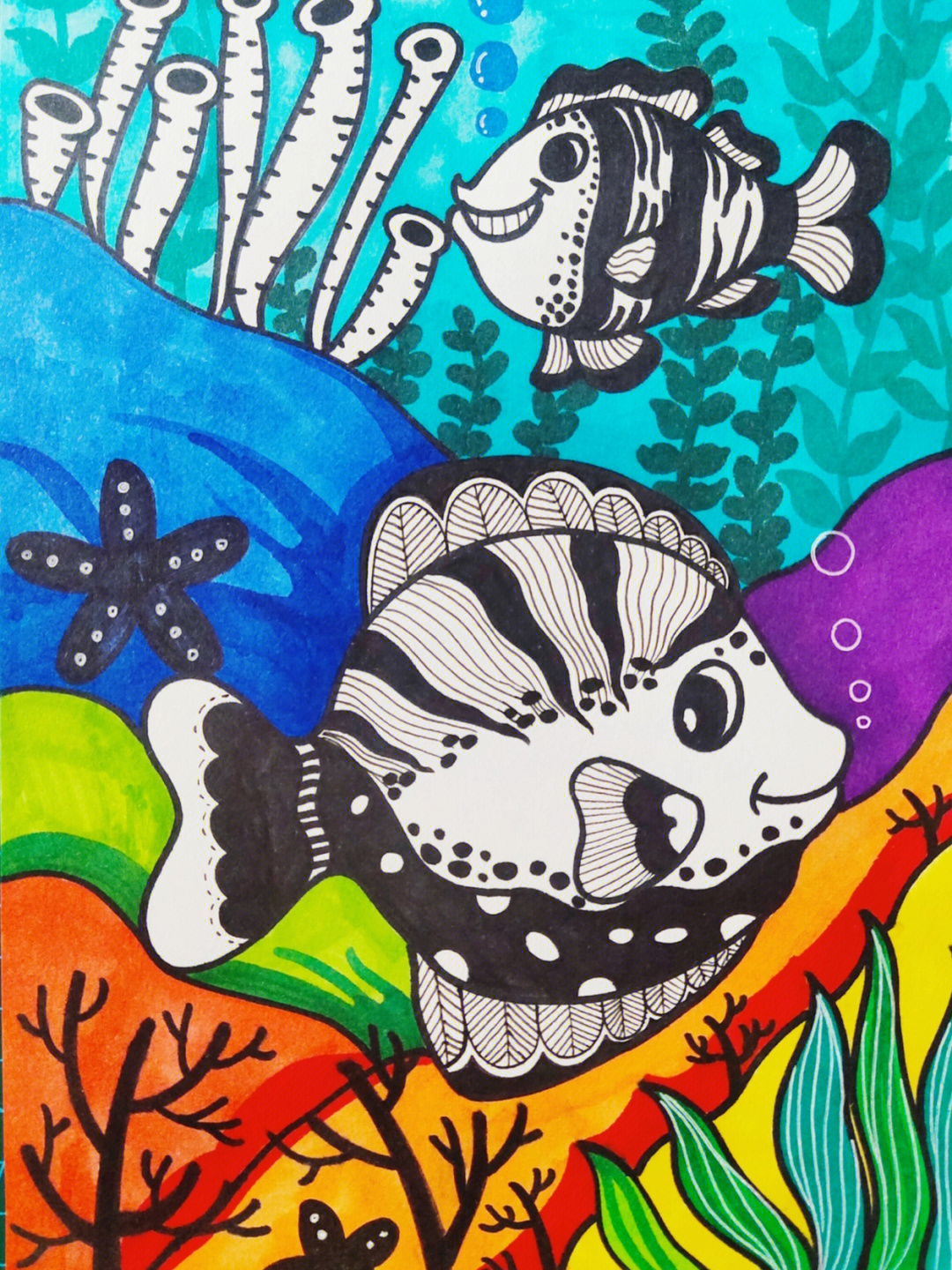 创意儿童画海底的小鱼61带步骤6146岁