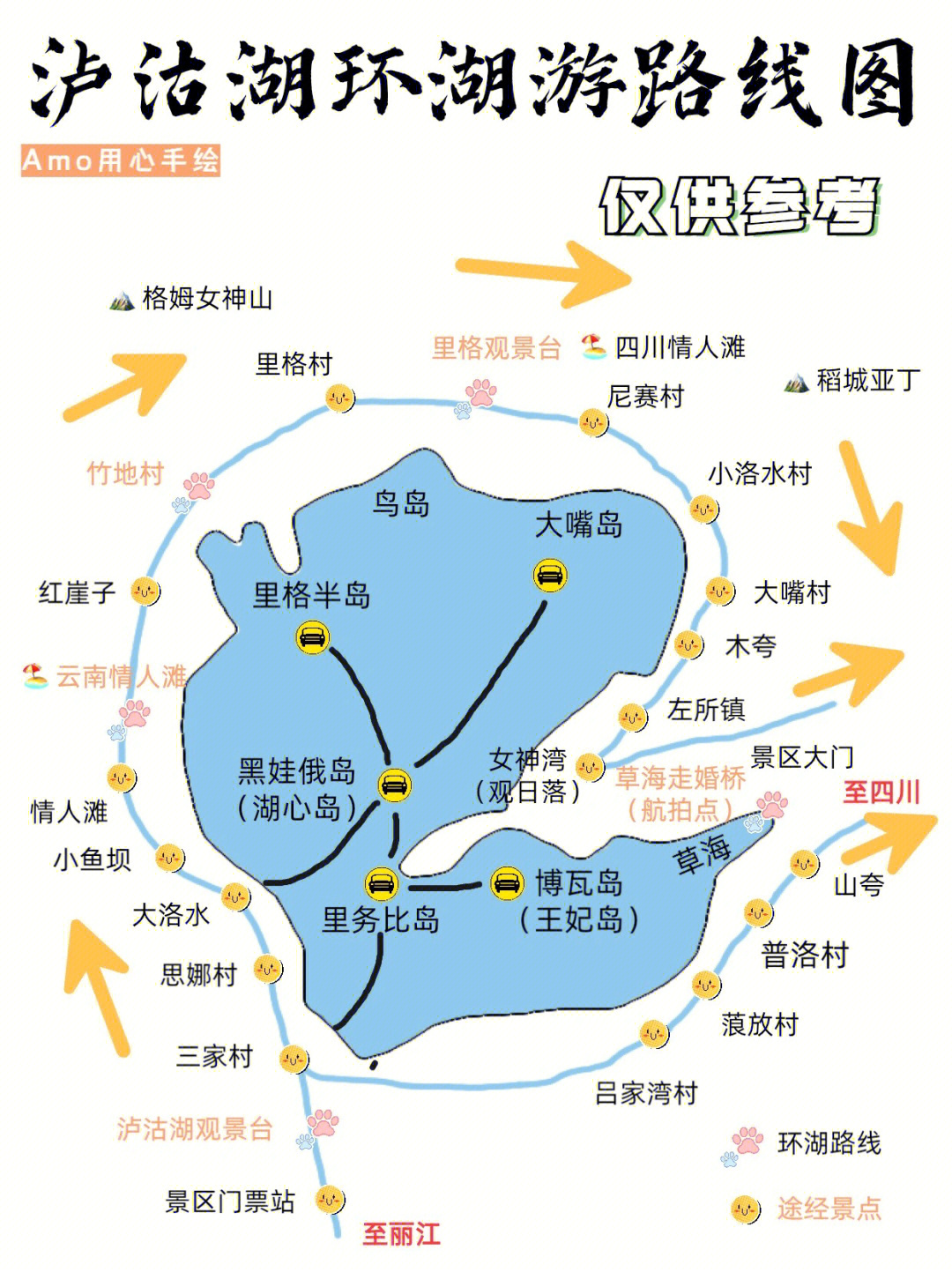 丽江旅游攻略泸沽湖手绘环湖游地形图