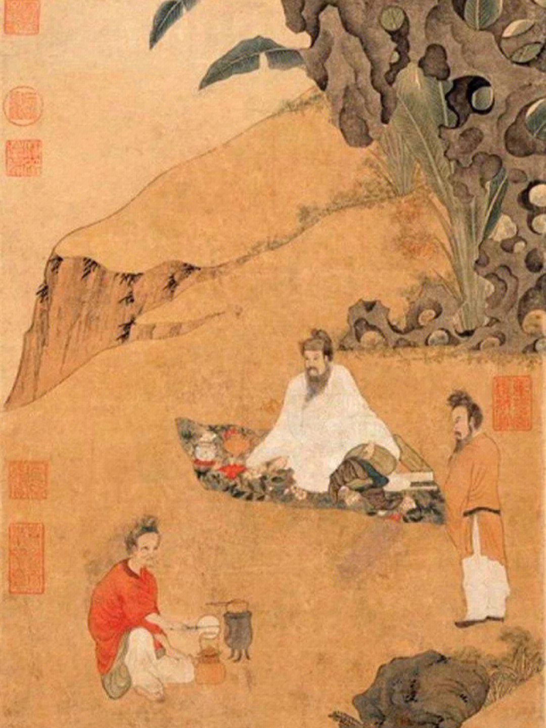 《煮茶图》局部图五:周昿《调琴啜茗图卷》图六:刘松年《撵茶图》图七