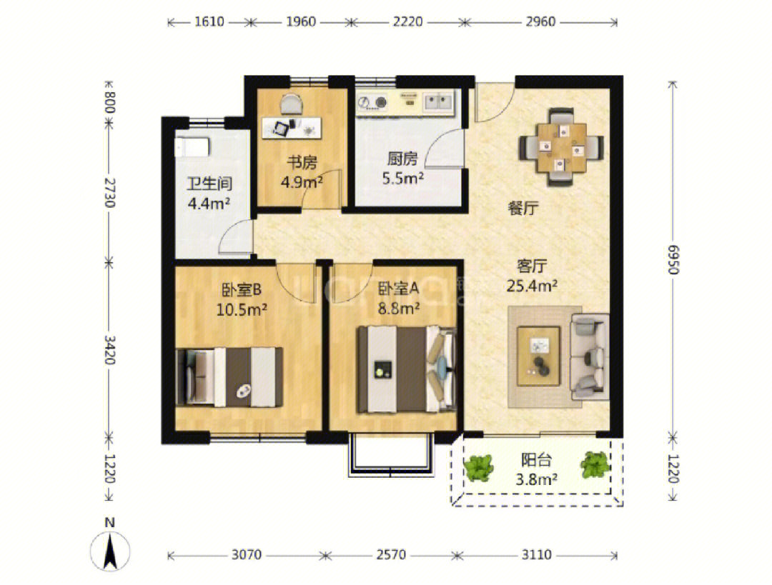 90平方小三房户型图图片