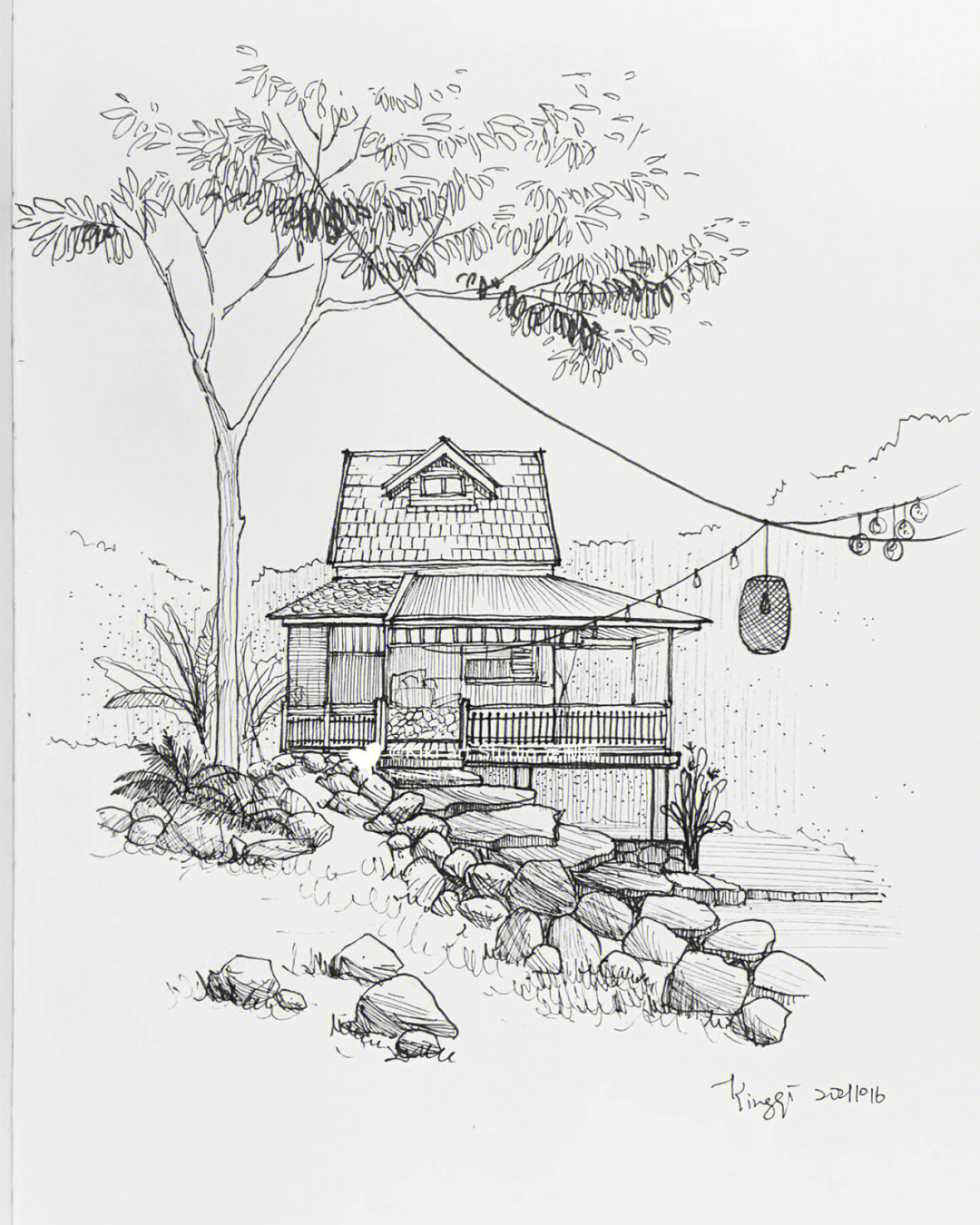 07针管笔插画07建筑钢笔画07森林小木屋