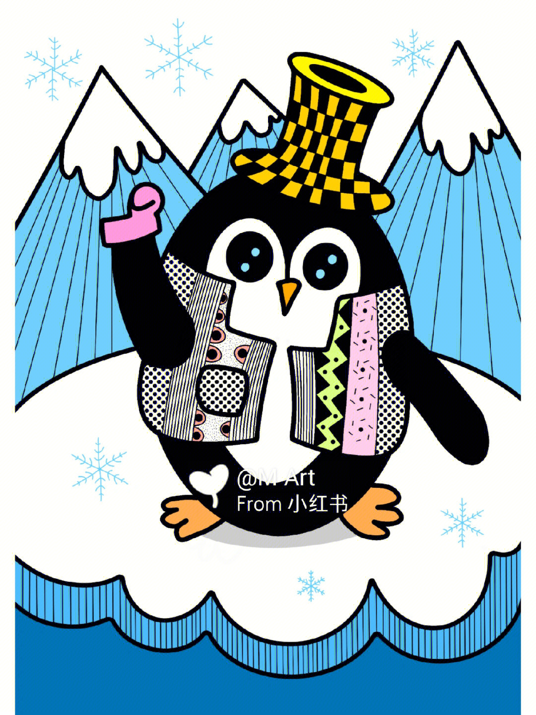 少儿美术课程分享线描装饰画企鹅