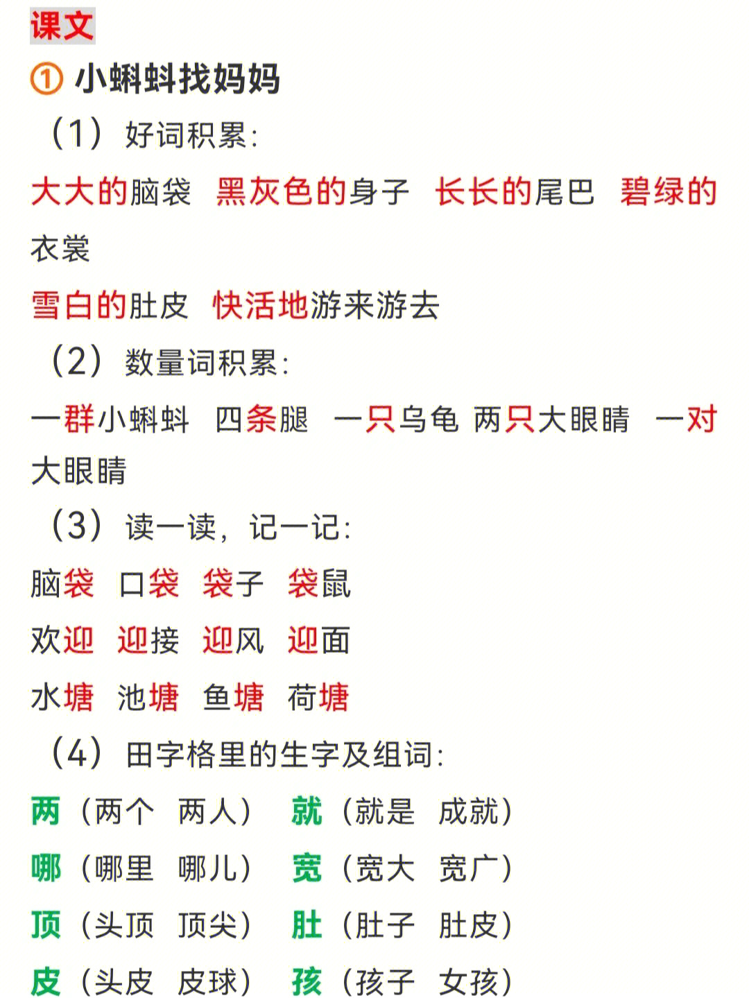 二年级语文上期末复习单元知识要点整理