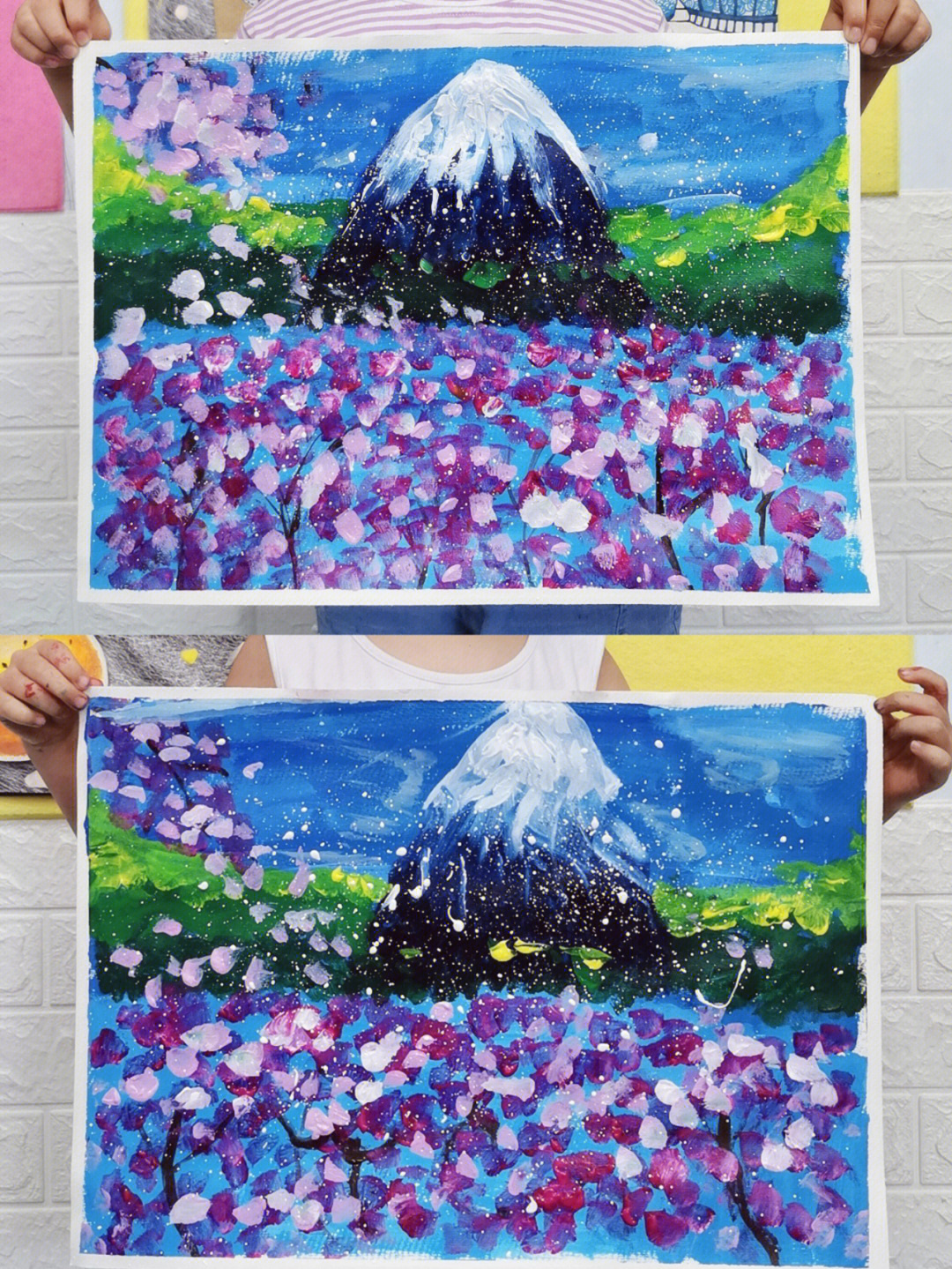 少儿创意水粉画富士山风景画