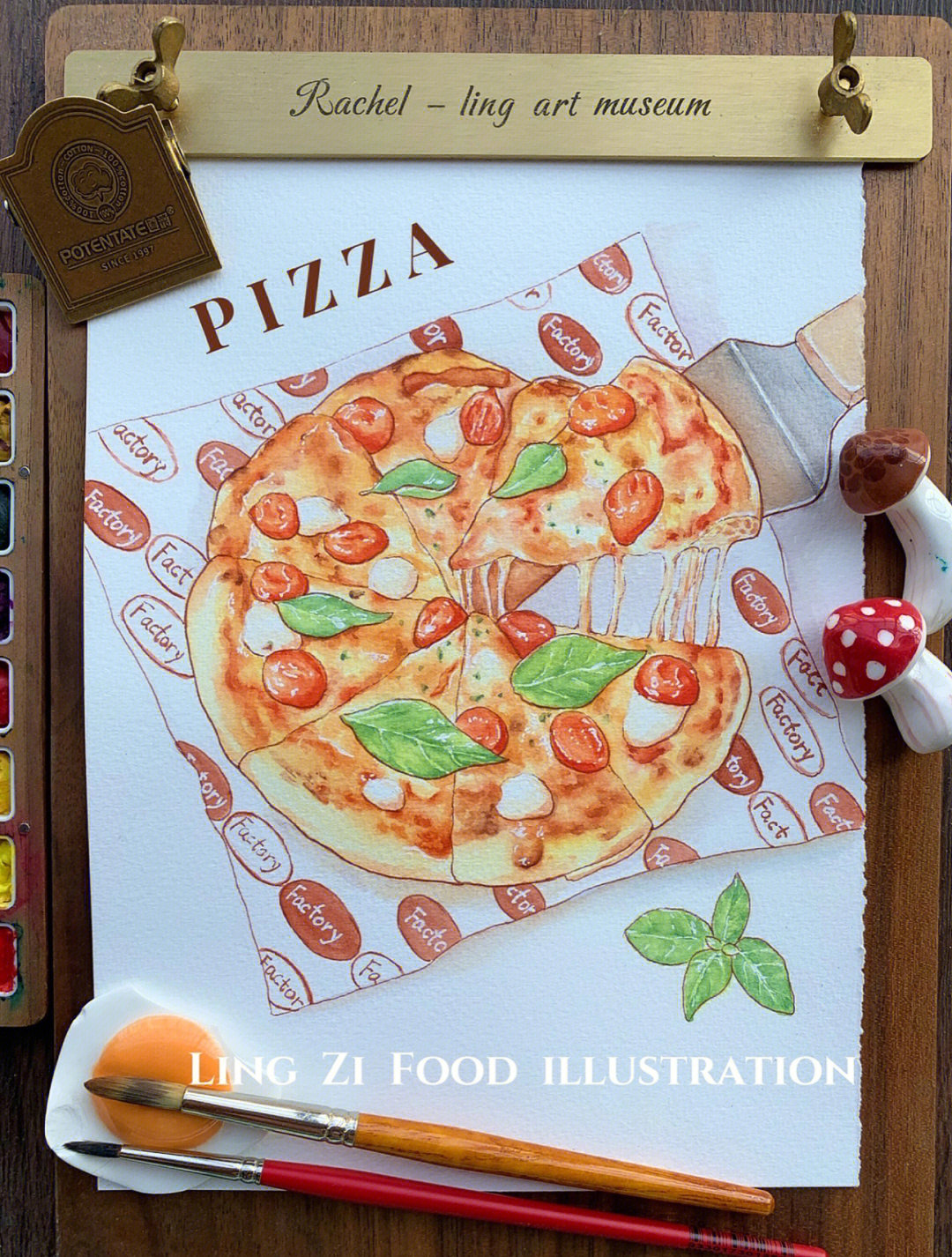 水彩美食插画手绘玛格丽披萨附线稿过程