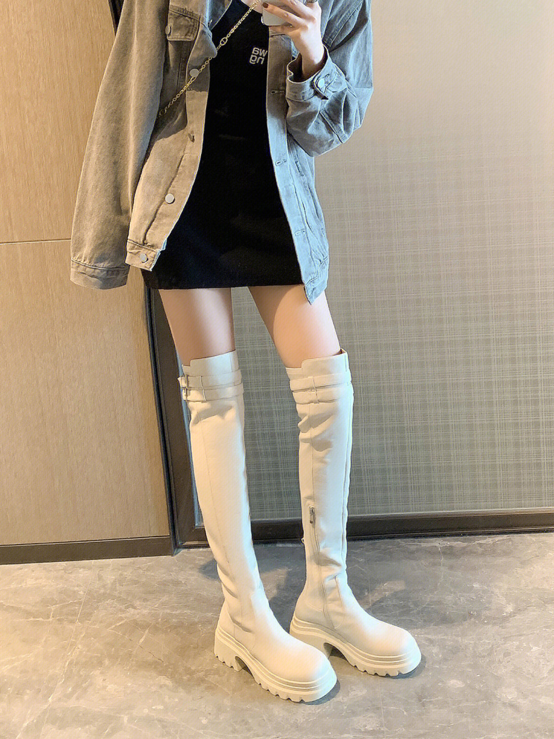 这么穿显腿长#过膝靴#秋冬长靴#增高厚底鞋#白色靴子