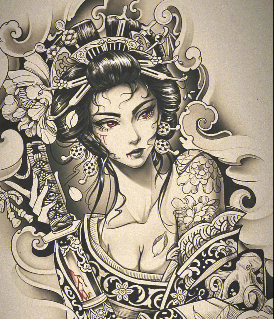 我的纹身分享  漂亮的艺伎风格 纹身素材手稿